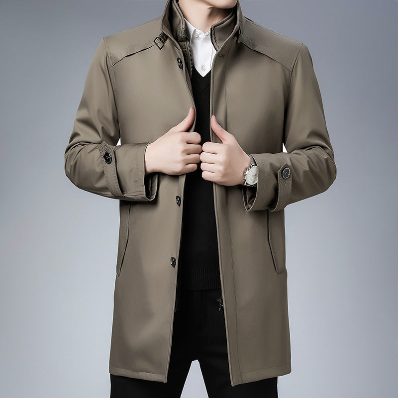 Men's Business Coat, Stand Collar & Zip Placket | No-Iron Poly Blend, Loose Fit | Khaki or Blue | S–XXL