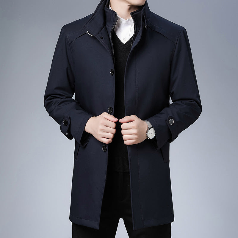 Men's Business Coat, Stand Collar & Zip Placket | No-Iron Poly Blend, Loose Fit | Khaki or Blue | S–XXL