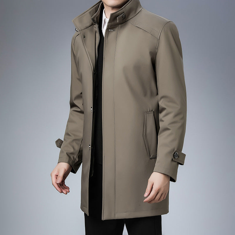 Men's Business Coat, Stand Collar & Zip Placket | No-Iron Poly Blend, Loose Fit | Khaki or Blue | S–XXL