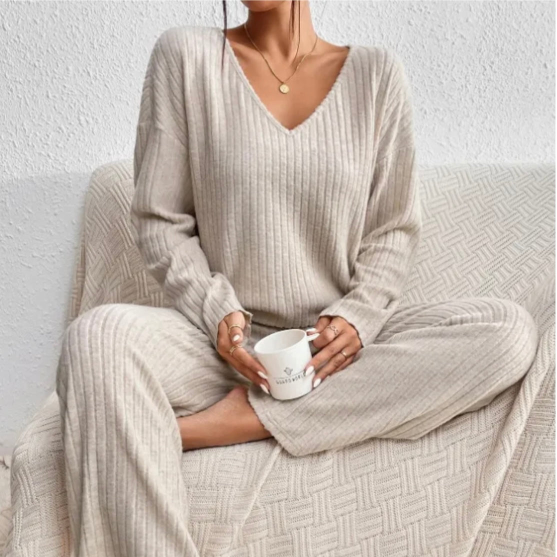 Women's Knitted Two-Piece Set, Ribbed Sweater & Trousers | V-Neck Top, Flexible Fit | 7 Colorways | S–2XL