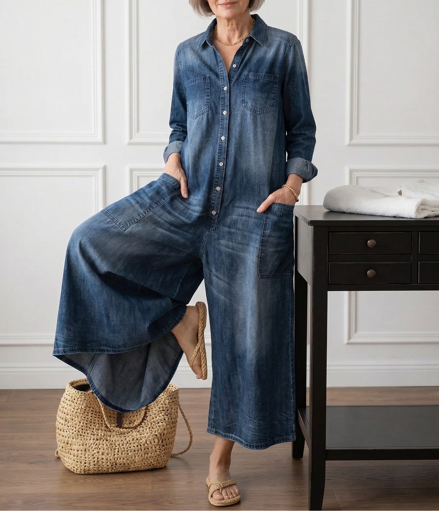 Ariana™ | Vintage Washed Soft Cotton Denim Jumpsuit with Button Closure