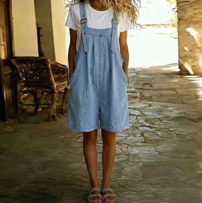 Michelle™ | Vintage Washed Soft Cotton Feel Denim Short Overall Light blue