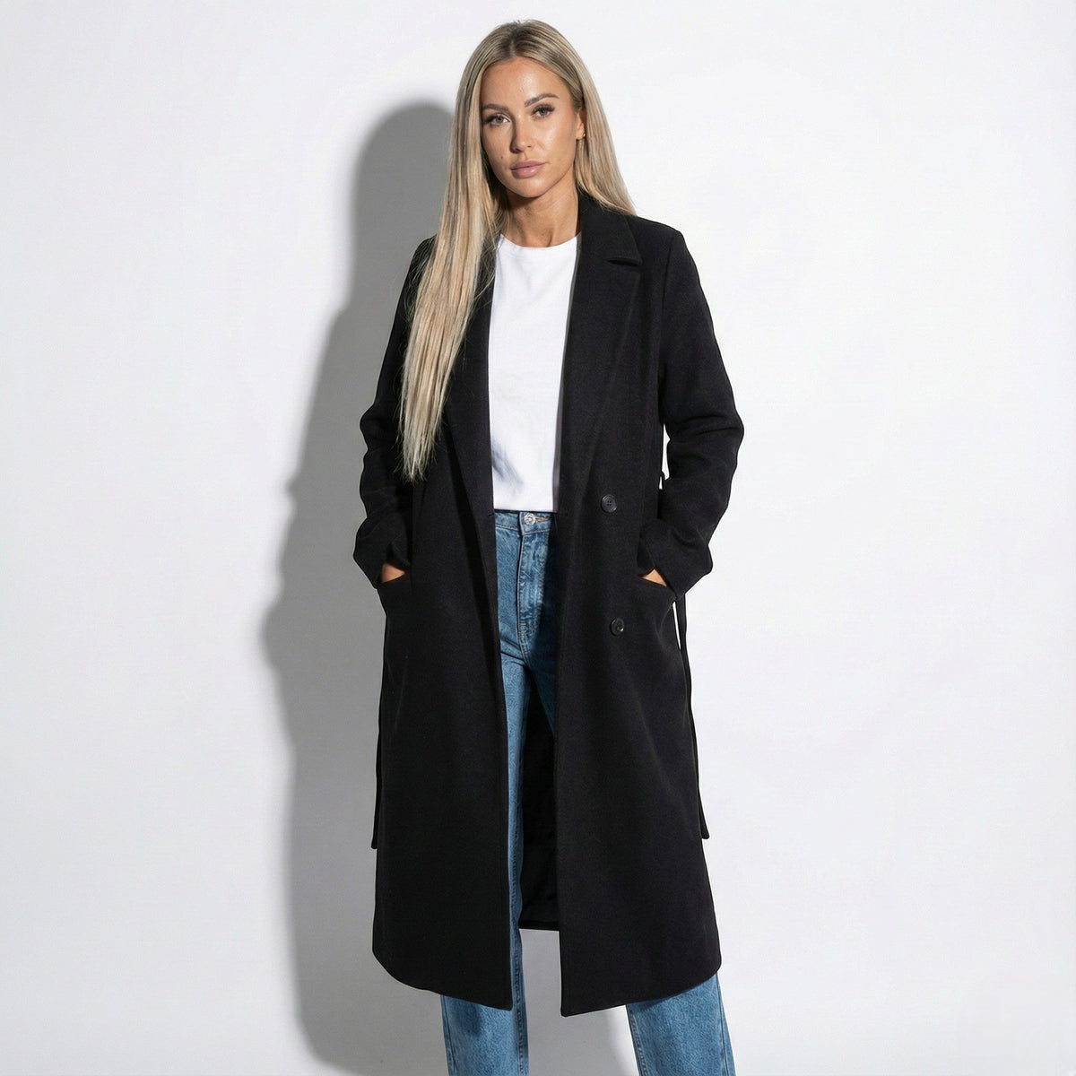 Veronica Womens Long Lapel Coat for Winter in Black