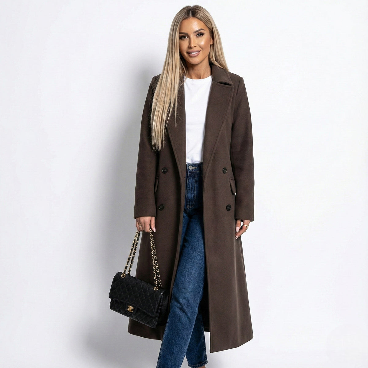 Veronica Womens Long Lapel Coat for Winter in Coffee