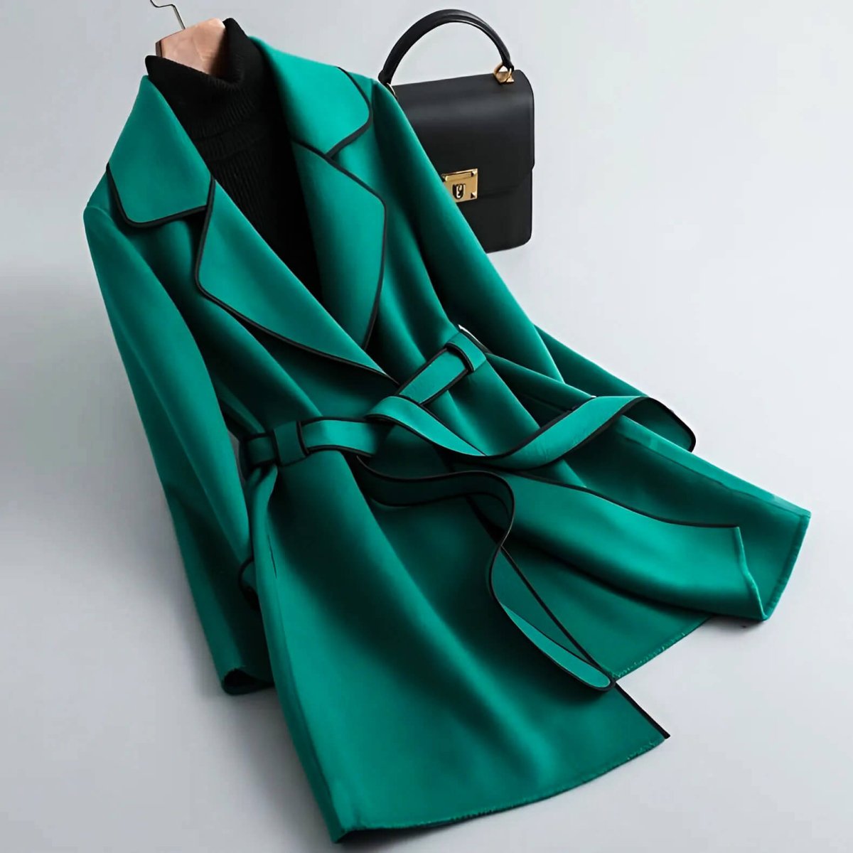 Madison Womens A-Line Wool Blend Coat with Belt in Pine Green