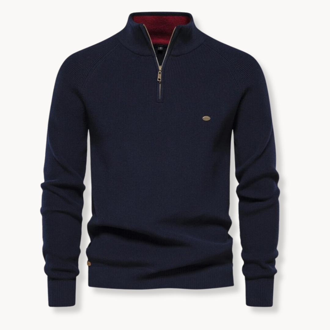 Ronnie Mens Half-Zip Ribbed Knit Sweater in Navy