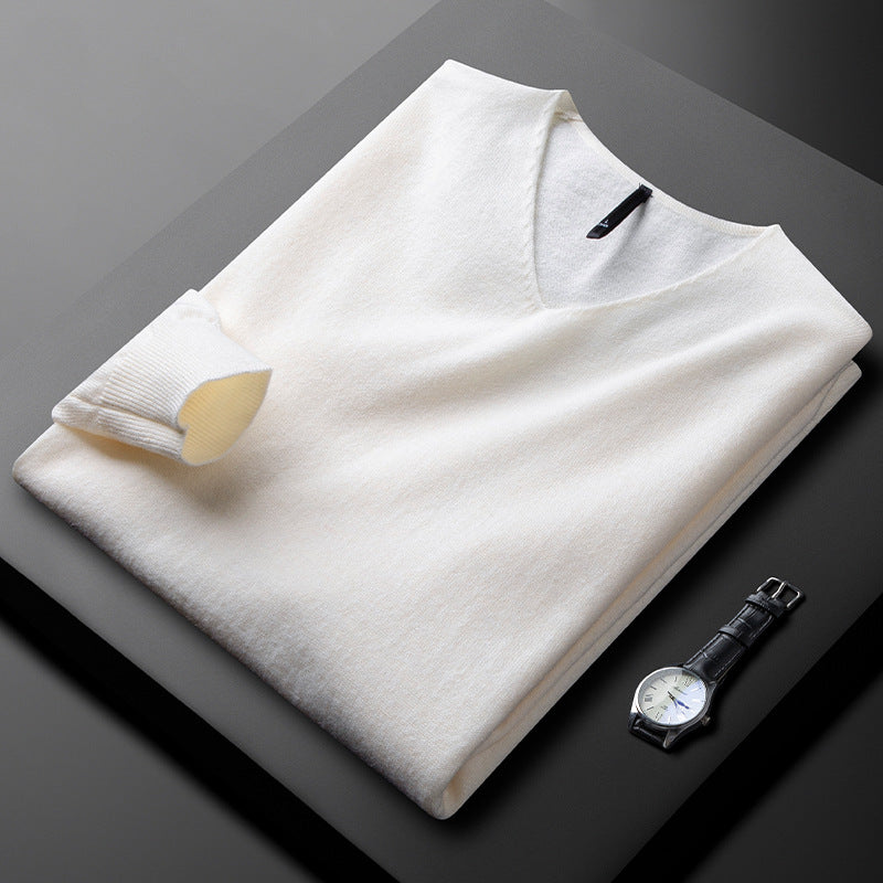 Martin Mens Merino Wool Cashmere V-Neck Sweater in White