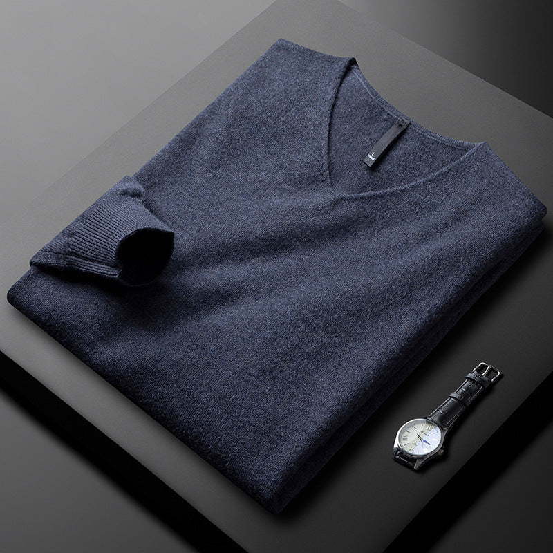 Martin Mens Merino Wool Cashmere V-Neck Sweater in Navy