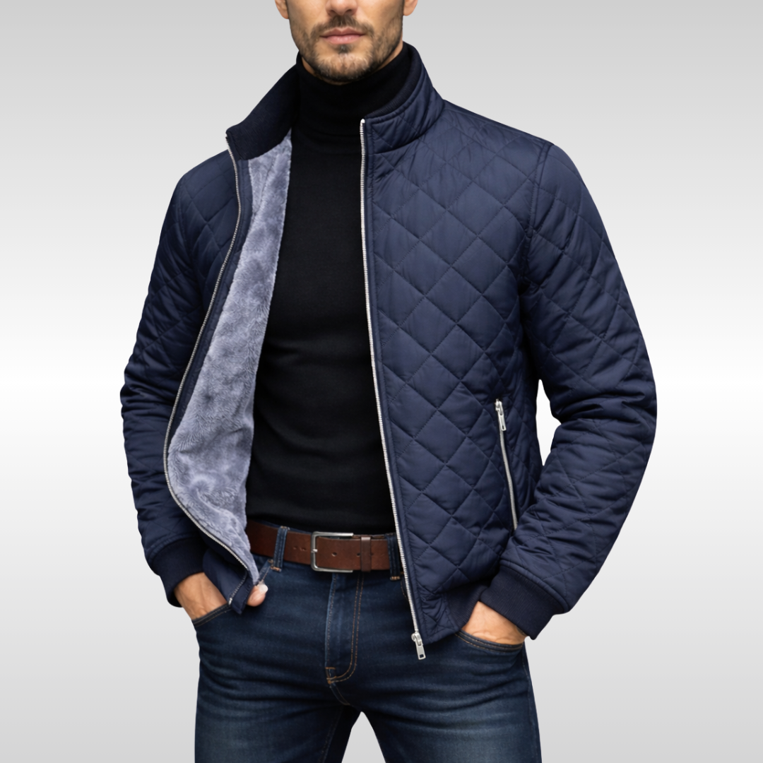 Joseph Mens Quilted Winter Jacket with Stand Collar in Navy