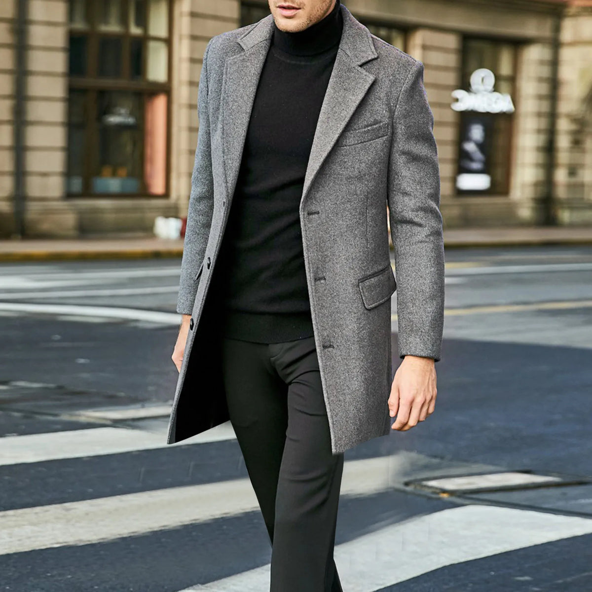 Joshua Mens Long Single-Breasted Overcoat in Gray