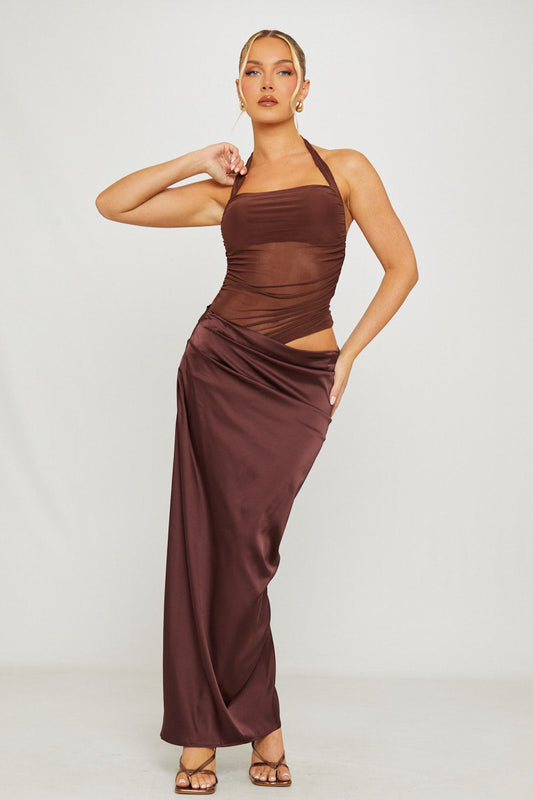 Cocoa Muse™ – Halter Mesh & Satin Dress (Soft Glam Effortless Impact)