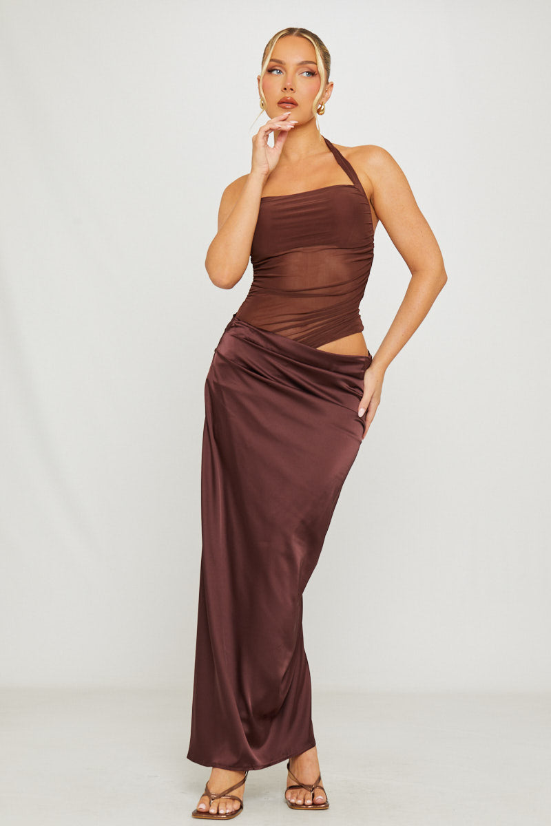 Cocoa Muse™ – Halter Mesh & Satin Dress (Soft Glam Effortless Impact)