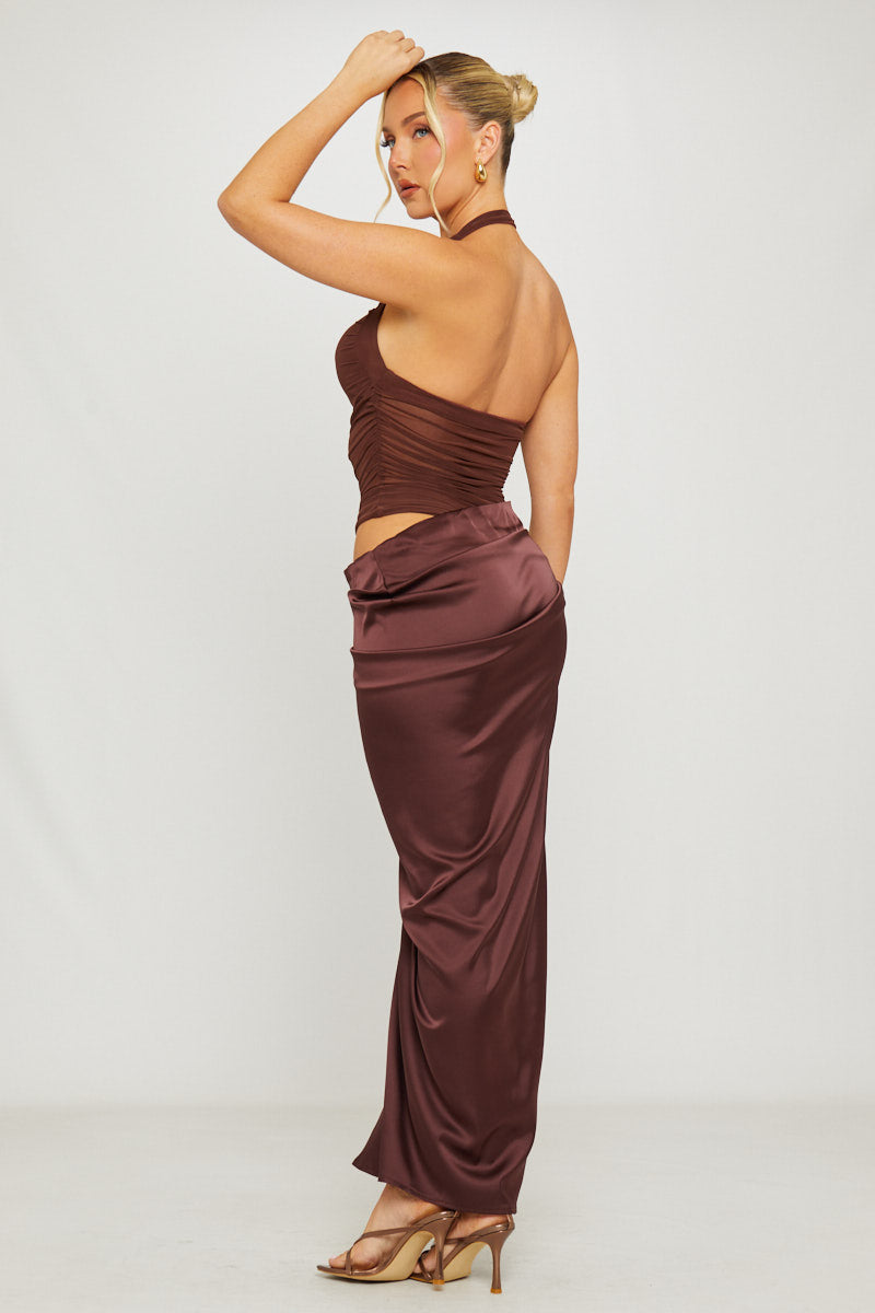 Cocoa Muse™ – Halter Mesh & Satin Dress (Soft Glam Effortless Impact)