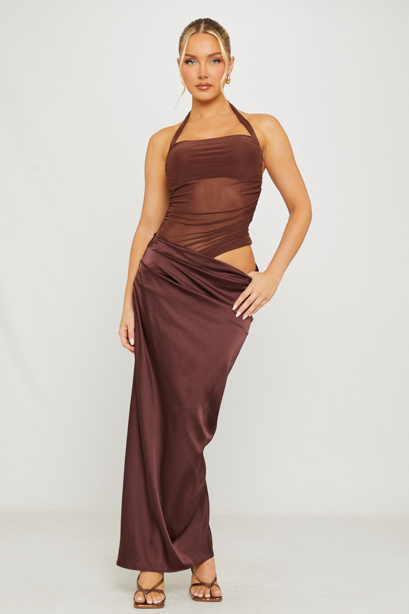 Cocoa Muse™ – Halter Mesh & Satin Dress (Soft Glam Effortless Impact)