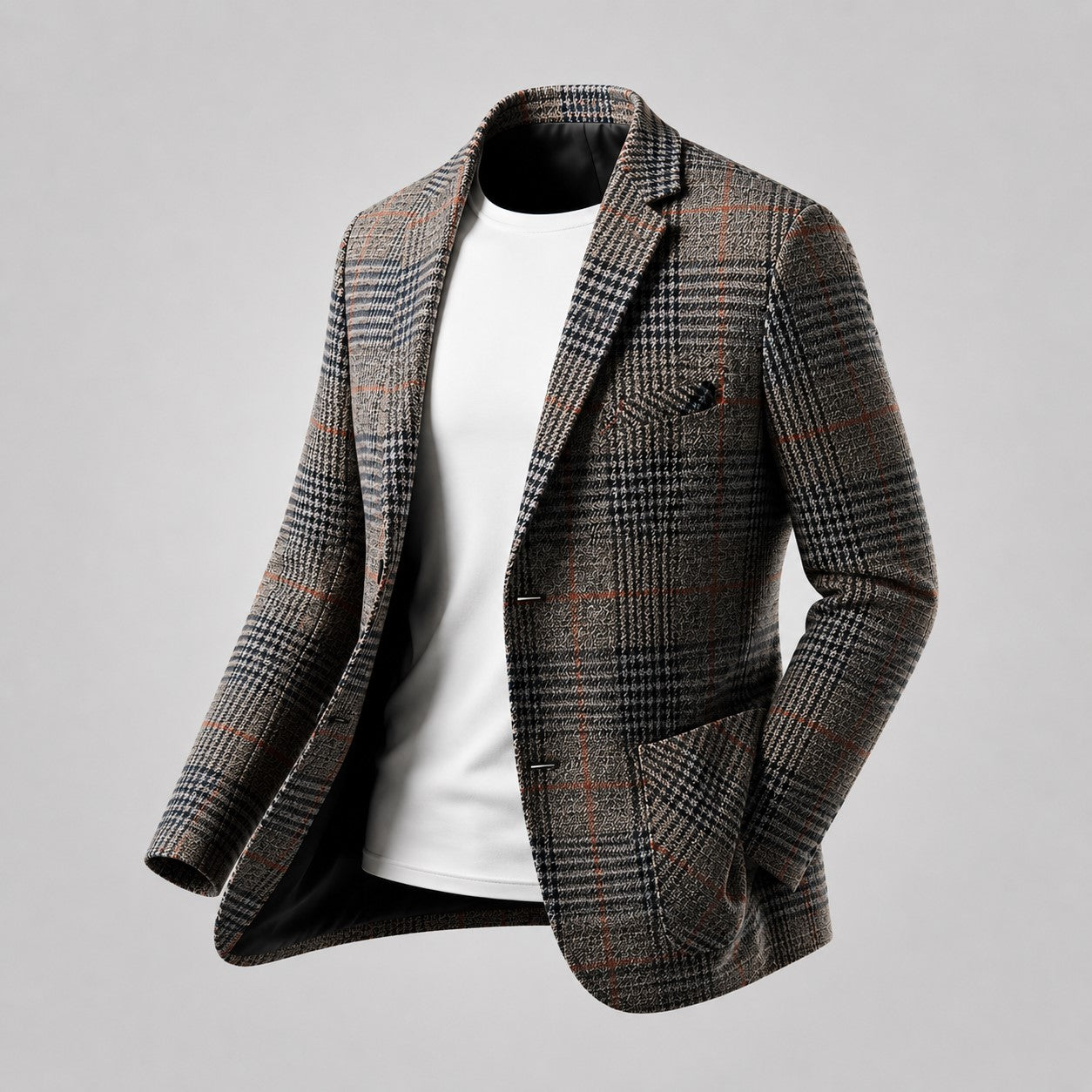 Men's Plaid Wool Blend Blazer, Tailored Fit | Timeless Check Pattern, Structured Cut | Brown or Gray | S–XXL