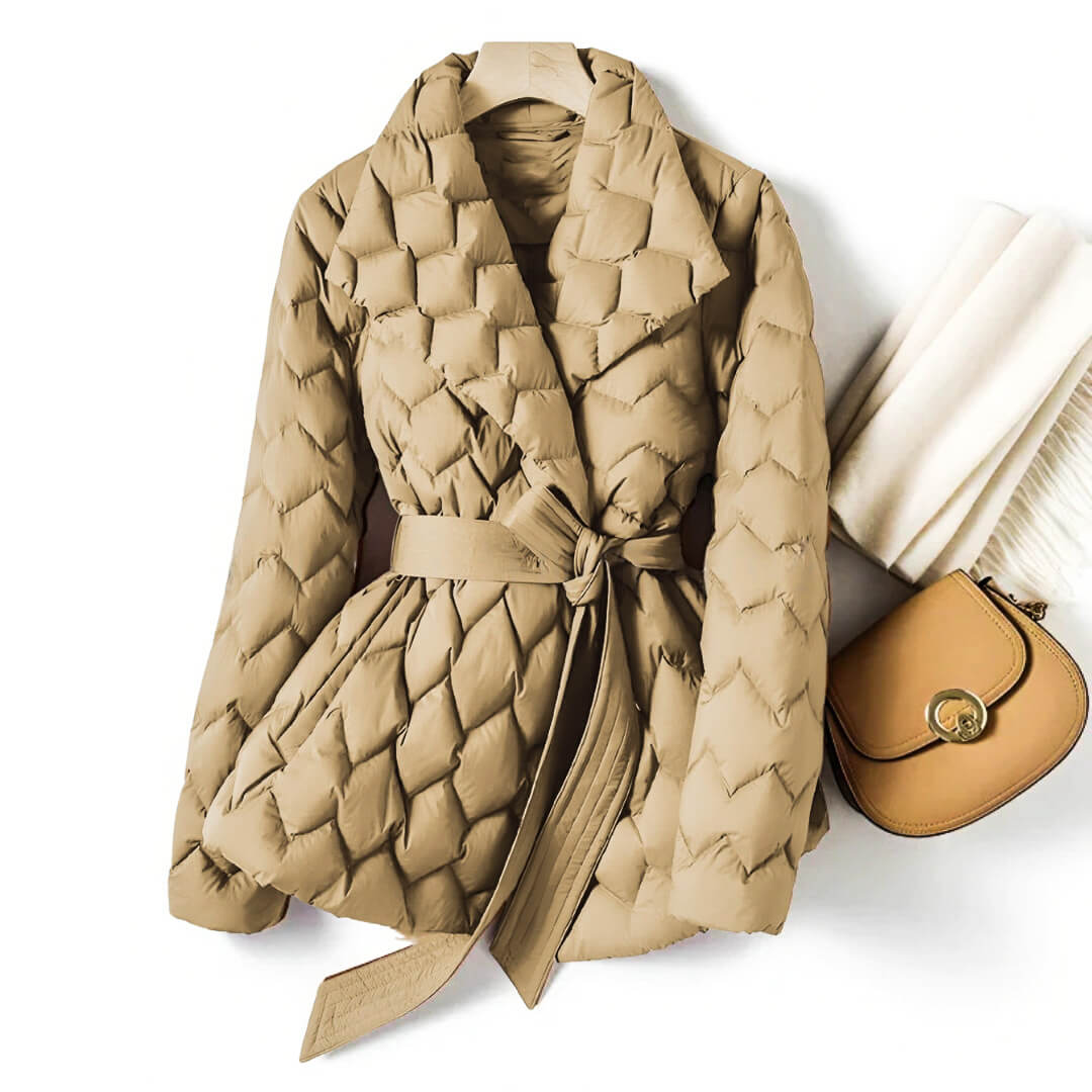 Isabella Womens Quilted Down Coat with Belt in Sandstone Beige
