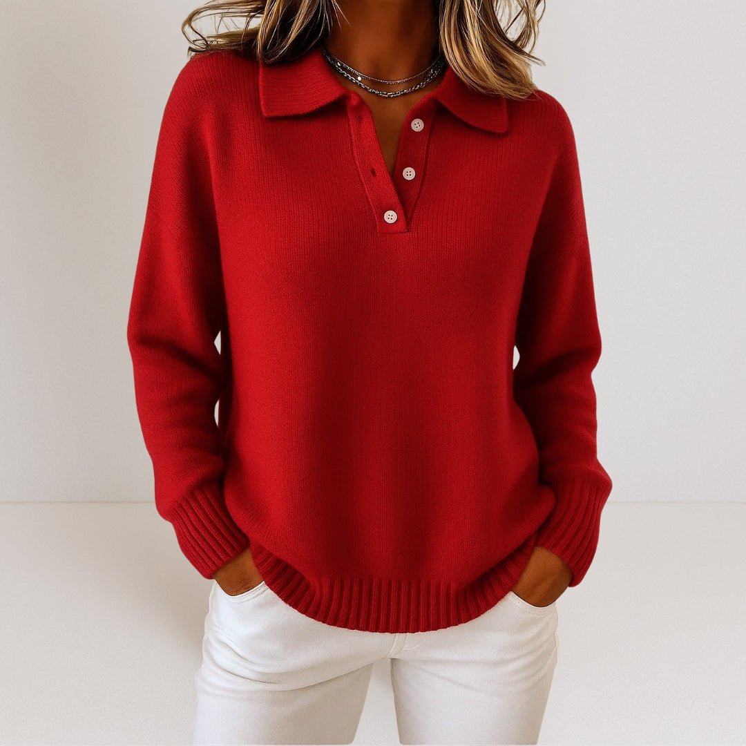 Holly Womens Knit Sweater with Polo Collar and Button Placket in Red
