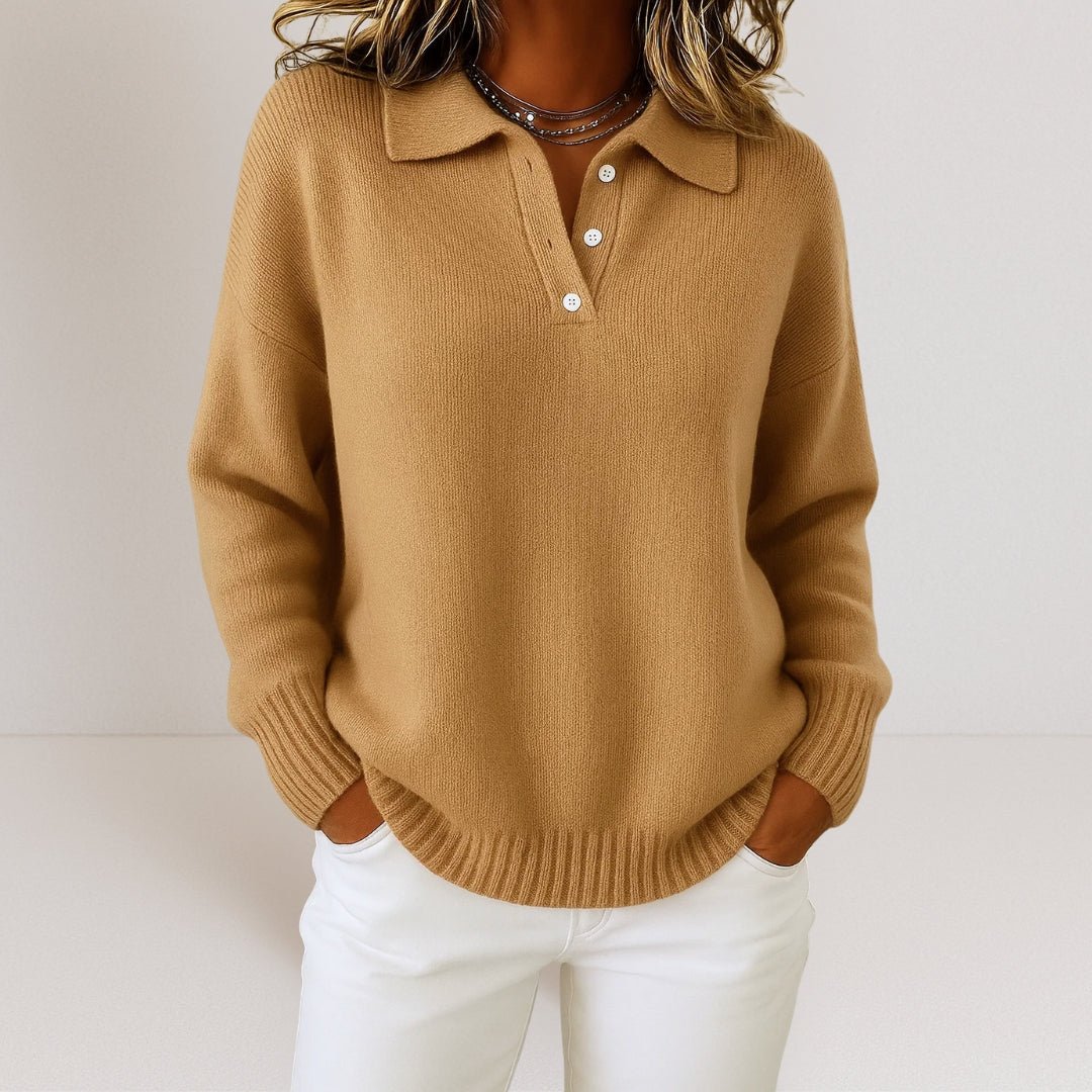 Holly Womens Knit Sweater with Polo Collar and Button Placket in Brown