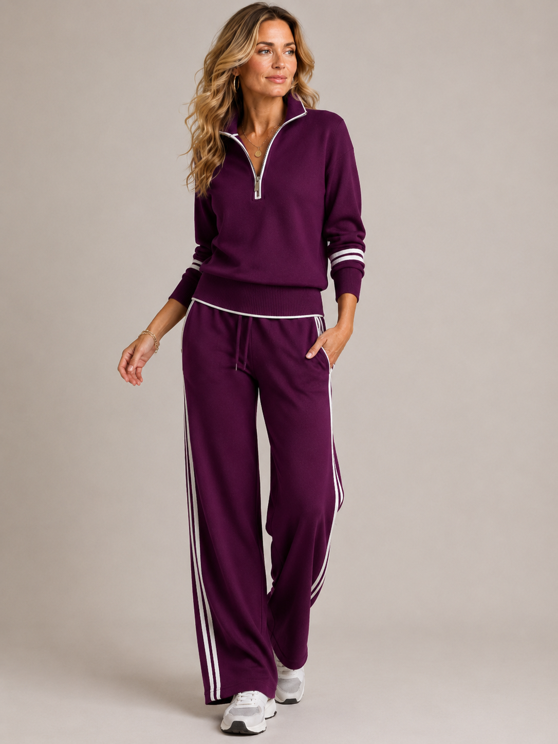 Meredith Womens Knit Two-Piece Set with Quarter-Zip Sweater in Purple