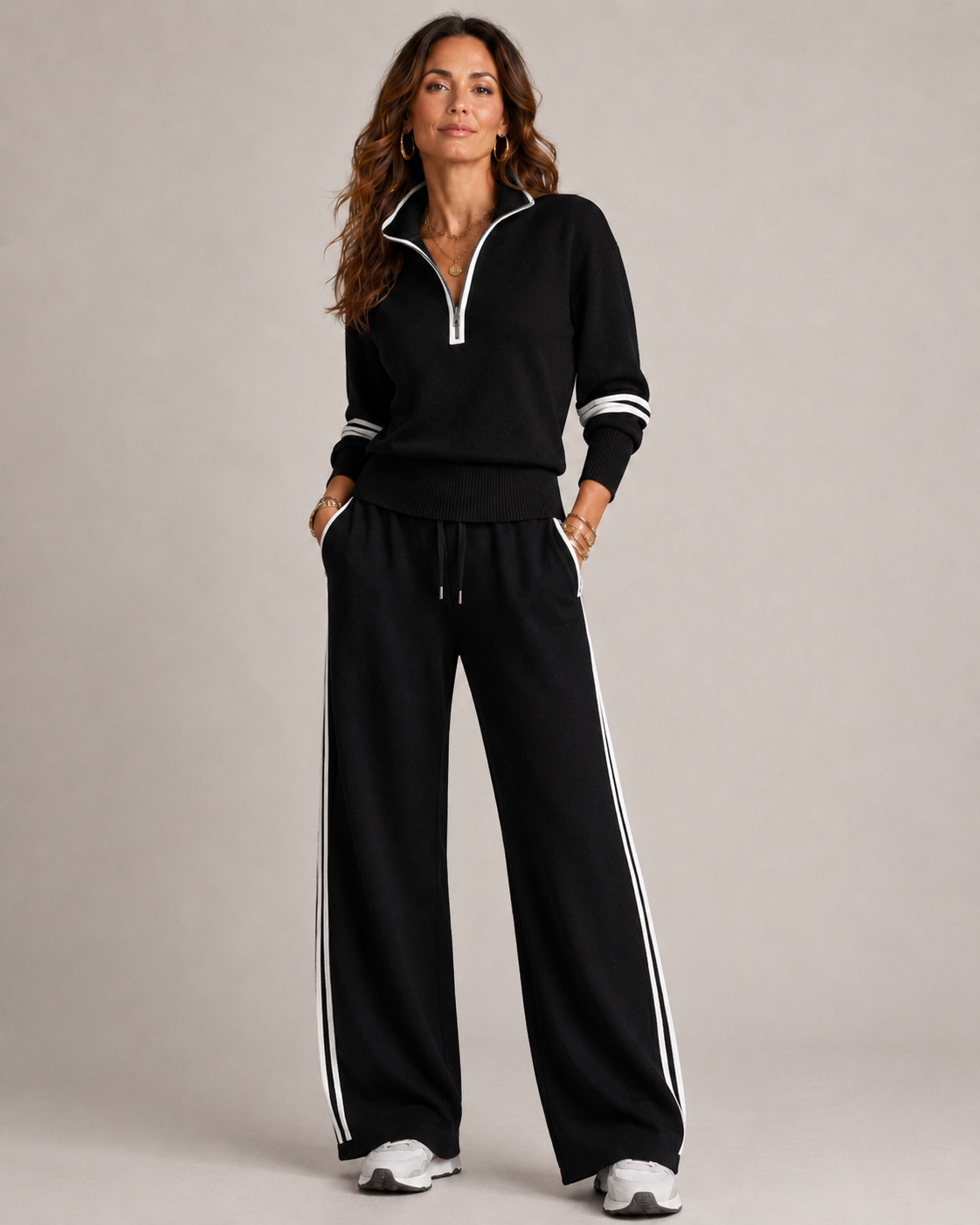 Meredith Womens Knit Two-Piece Set with Quarter-Zip Sweater in Black