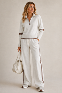 Meredith | Womens Knit Two-Piece Set with Quarter-Zip Sweater | Wide-Leg Pants, Drawstring | White, Black and More XS-3XL