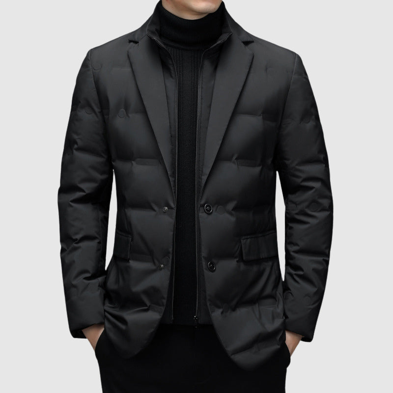 Men's Down Jacket with Duck Down Fill | Lapel Collar, Zip & Button Front | Black, Gray or Green | S–XXL