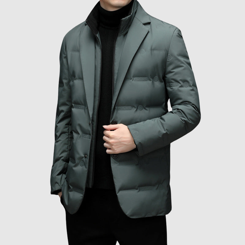 Men's Down Jacket with Duck Down Fill | Lapel Collar, Zip & Button Front | Black, Gray or Green | S–XXL