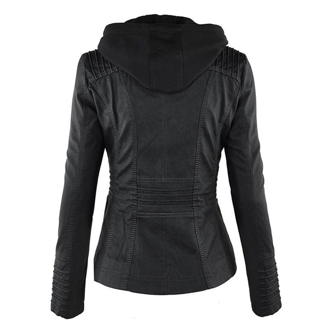 Leah Womens Faux Leather Biker Jacket with Removable Hood