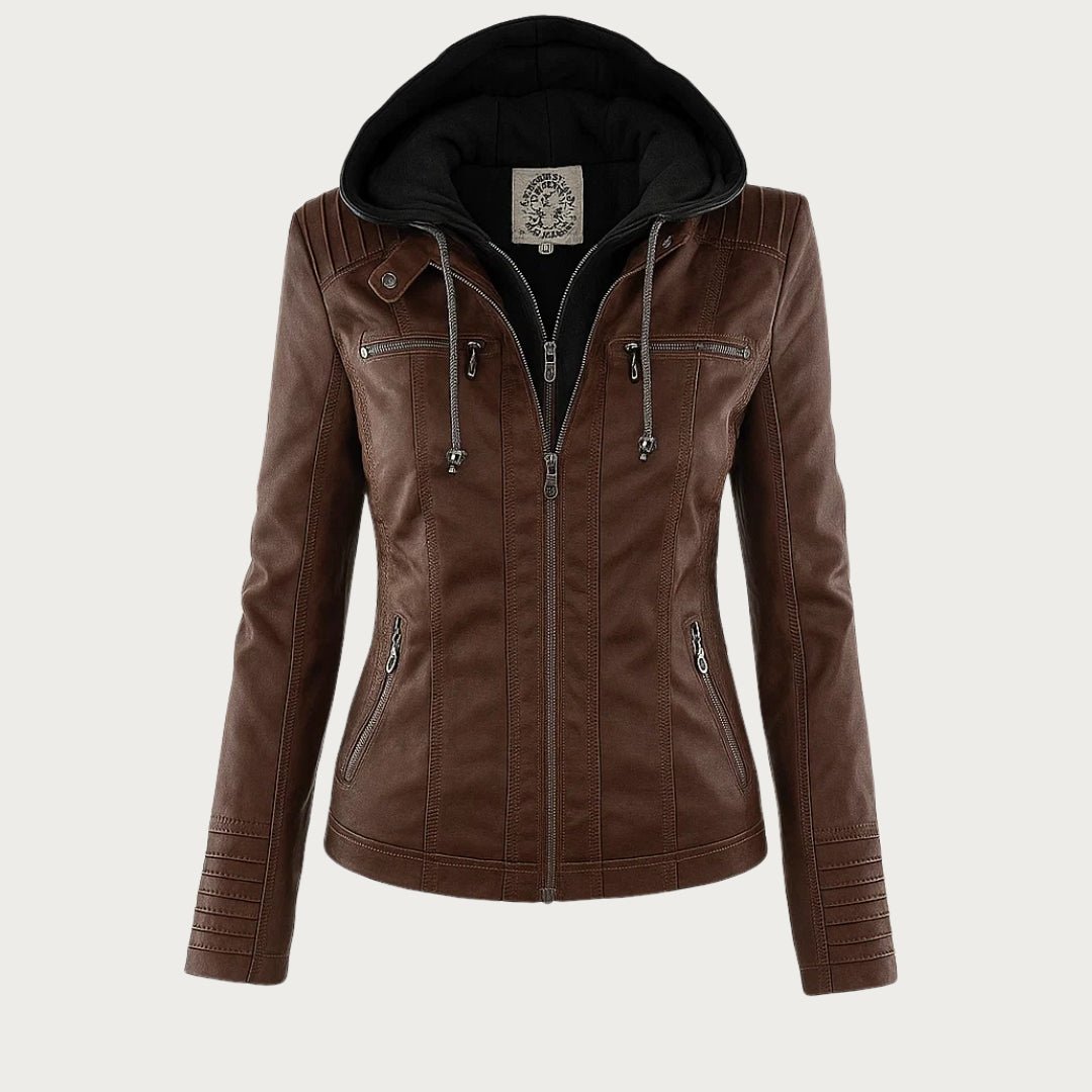 Leah Womens Faux Leather Biker Jacket with Removable Hood in Dark Brown