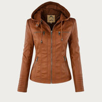 Leah | Womens Faux Leather Biker Jacket with Removable Hood | Zip Details | Black, Brown, Beige and More XS-5XL