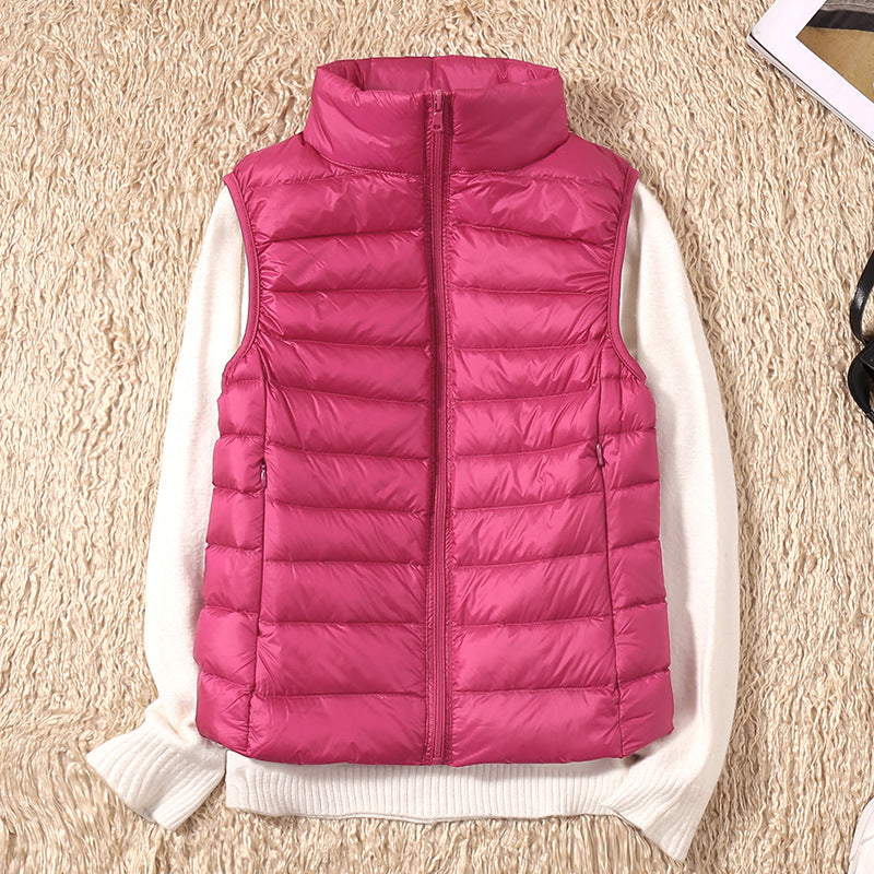 Erika Womens Padded Vest with Stand Collar and Zip Front in Dark Pink
