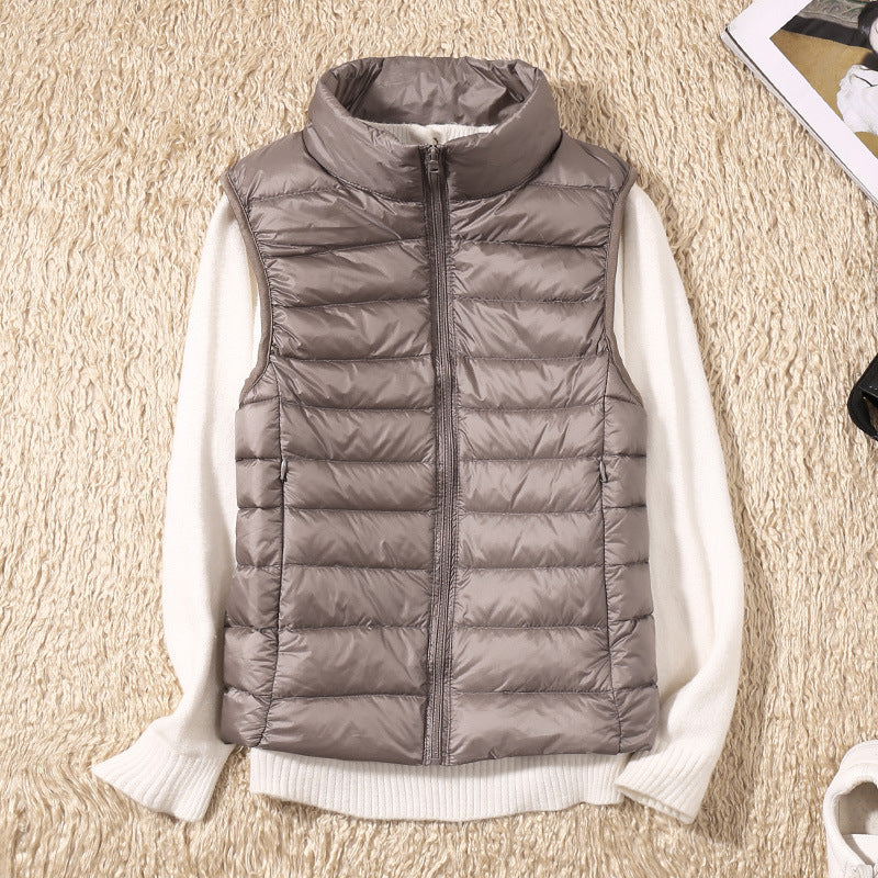 Erika Womens Padded Vest with Stand Collar and Zip Front in Khaki