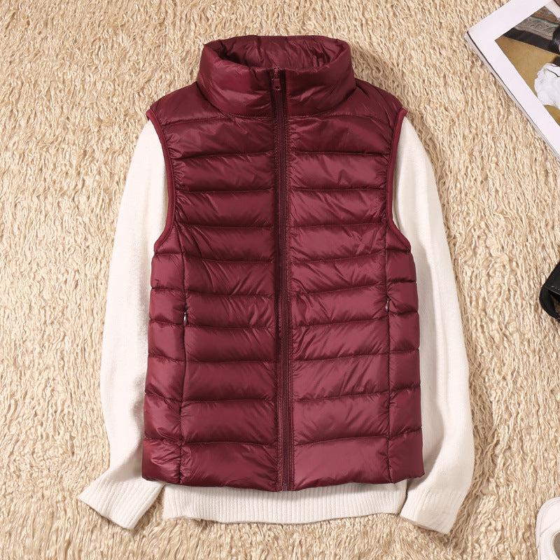 Erika Womens Padded Vest with Stand Collar and Zip Front in Burgundy