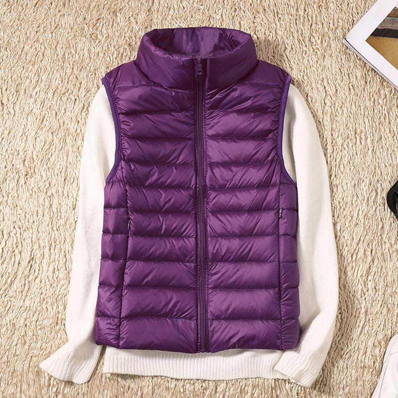 Erika Womens Padded Vest with Stand Collar and Zip Front in Purple