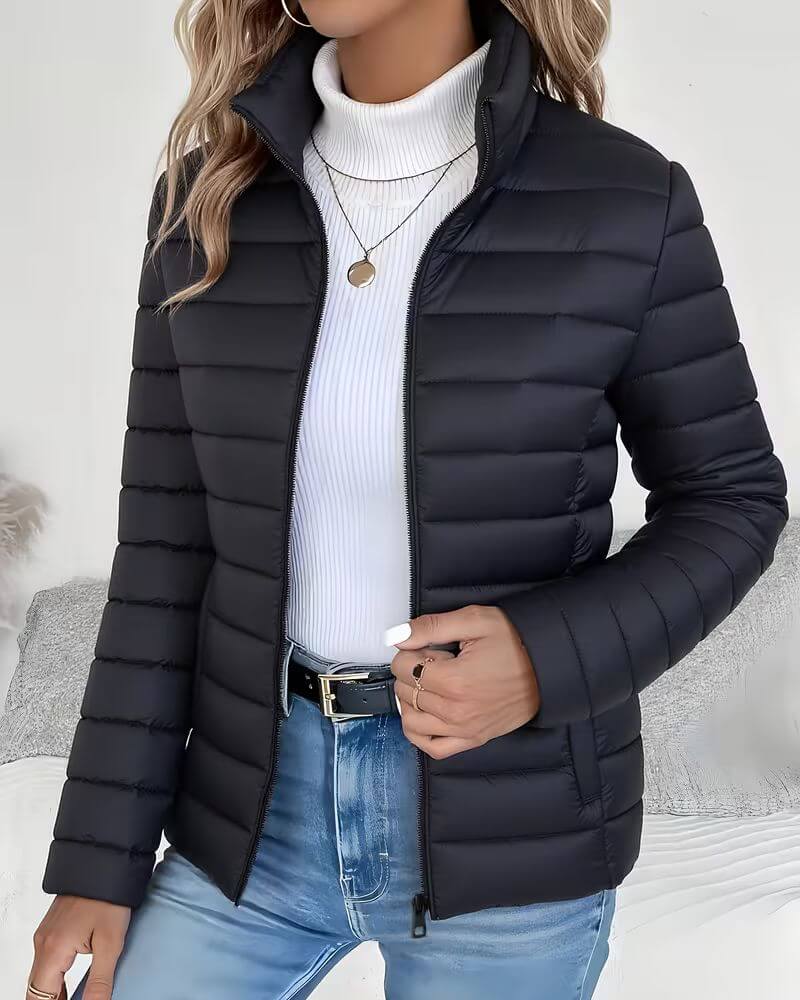 Jessica Womens Lightweight Puffer Jacket with Stand Collar in Black