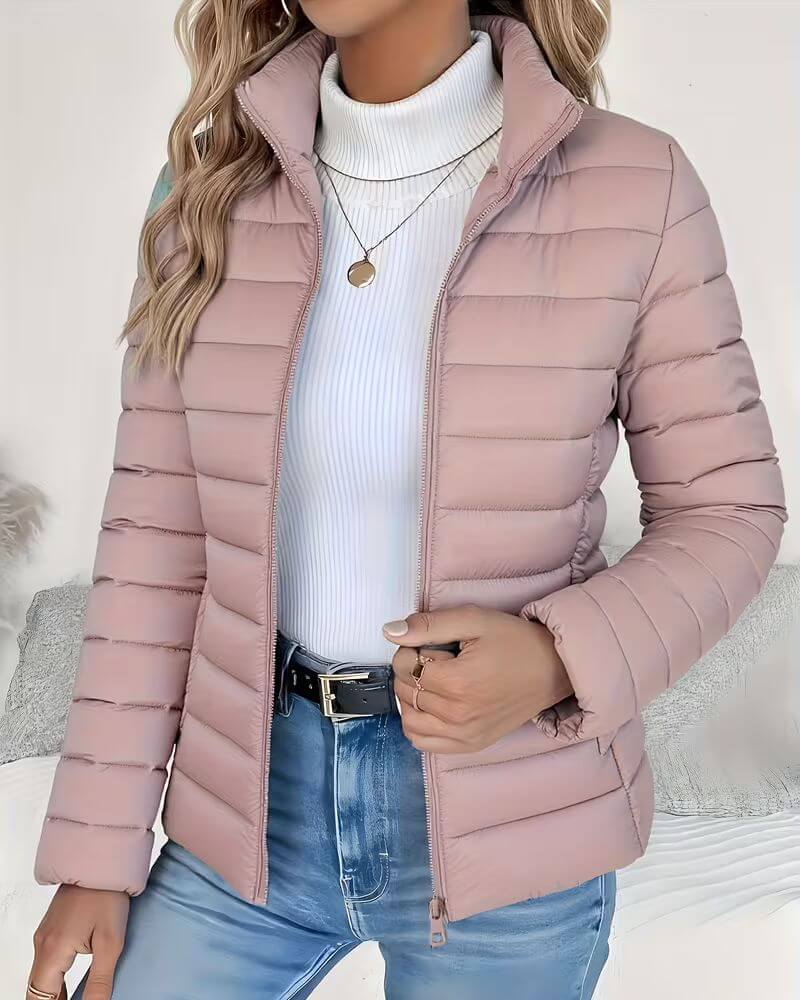 Jessica Womens Lightweight Puffer Jacket with Stand Collar in Pink
