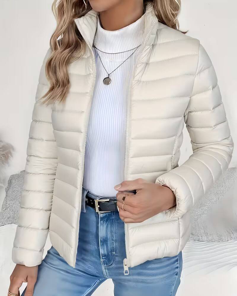 Jessica Womens Lightweight Puffer Jacket with Stand Collar in Cream