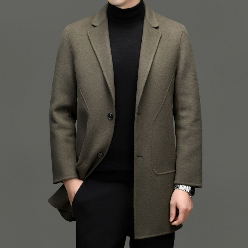 Men's Wool Coat, Tailored Single-Breasted | Refined Lapel, Subtle Pocket Details | Khaki, Black or Gray | S–XXL