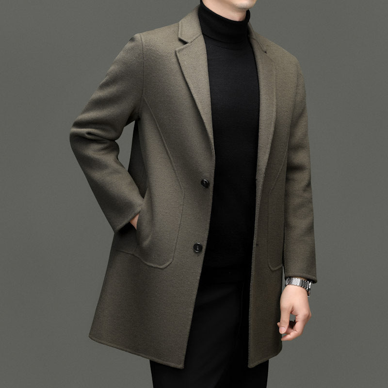 Men's Wool Coat, Tailored Single-Breasted | Refined Lapel, Subtle Pocket Details | Khaki, Black or Gray | S–XXL
