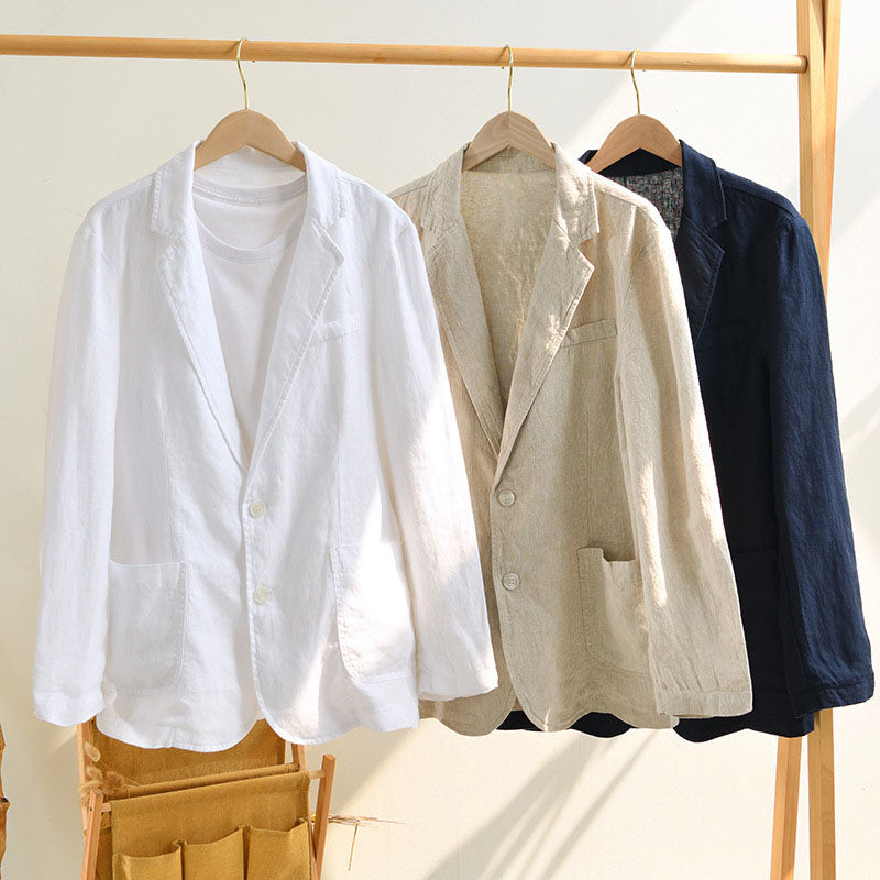 Men's Linen Blend Blazer, Unlined | Notch Lapel, Patch Pockets & Horn-Style Buttons | Beige, White, Gray or Blue