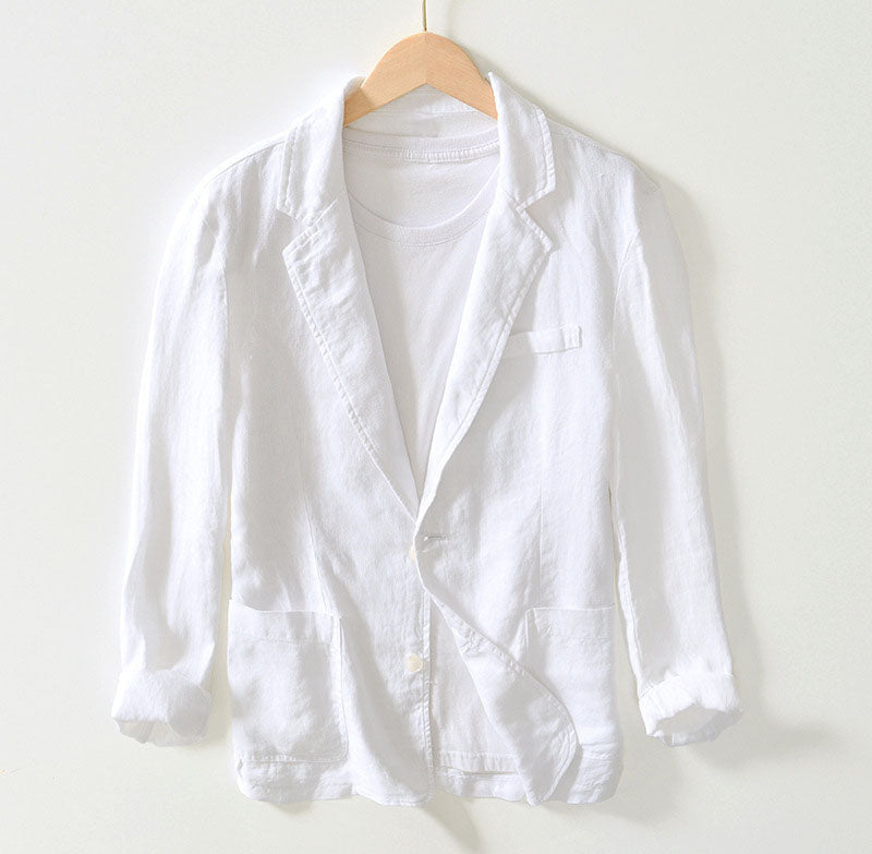 Men's Linen Blend Blazer, Unlined | Notch Lapel, Patch Pockets & Horn-Style Buttons | Beige, White, Gray or Blue