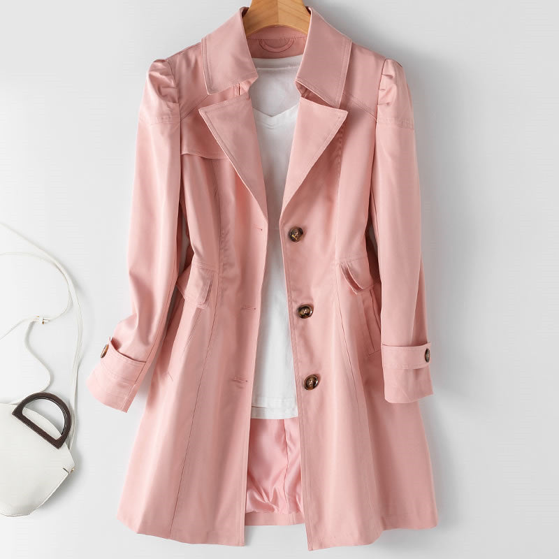 Véronique Womens Mid-Length Trench Coat with Belt in Pink