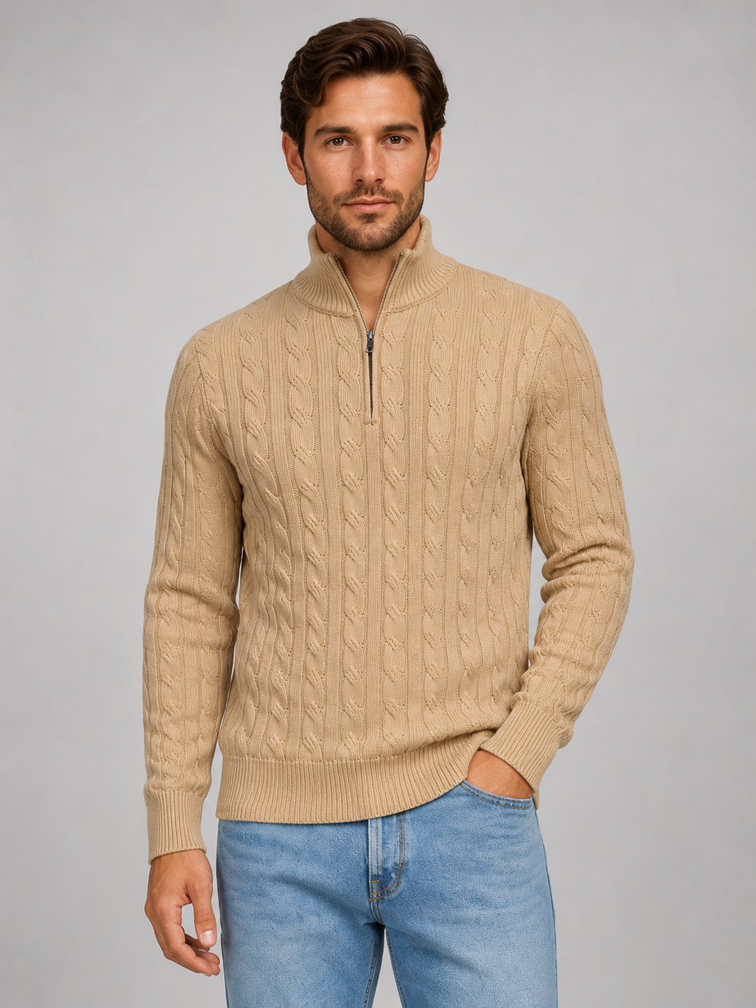 Shane Mens Cable Knit Quarter Zip Sweater with Funnel Neck in Beige