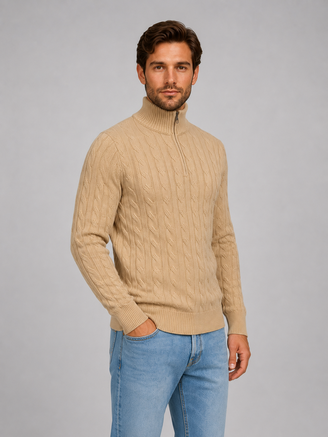 Shane Mens Cable Knit Quarter Zip Sweater with Funnel Neck