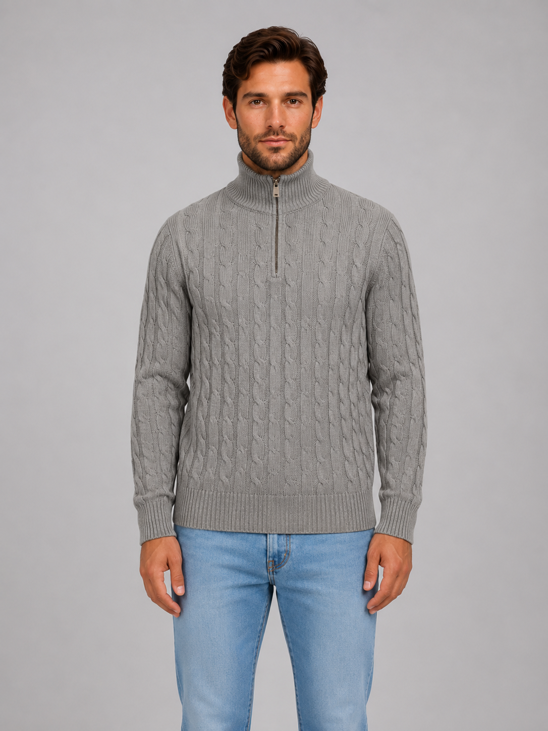 Shane Mens Cable Knit Quarter Zip Sweater with Funnel Neck in Gray