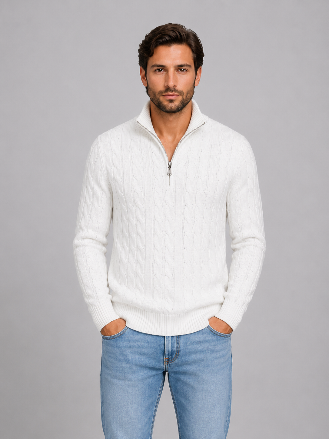 Shane Mens Cable Knit Quarter Zip Sweater with Funnel Neck in White