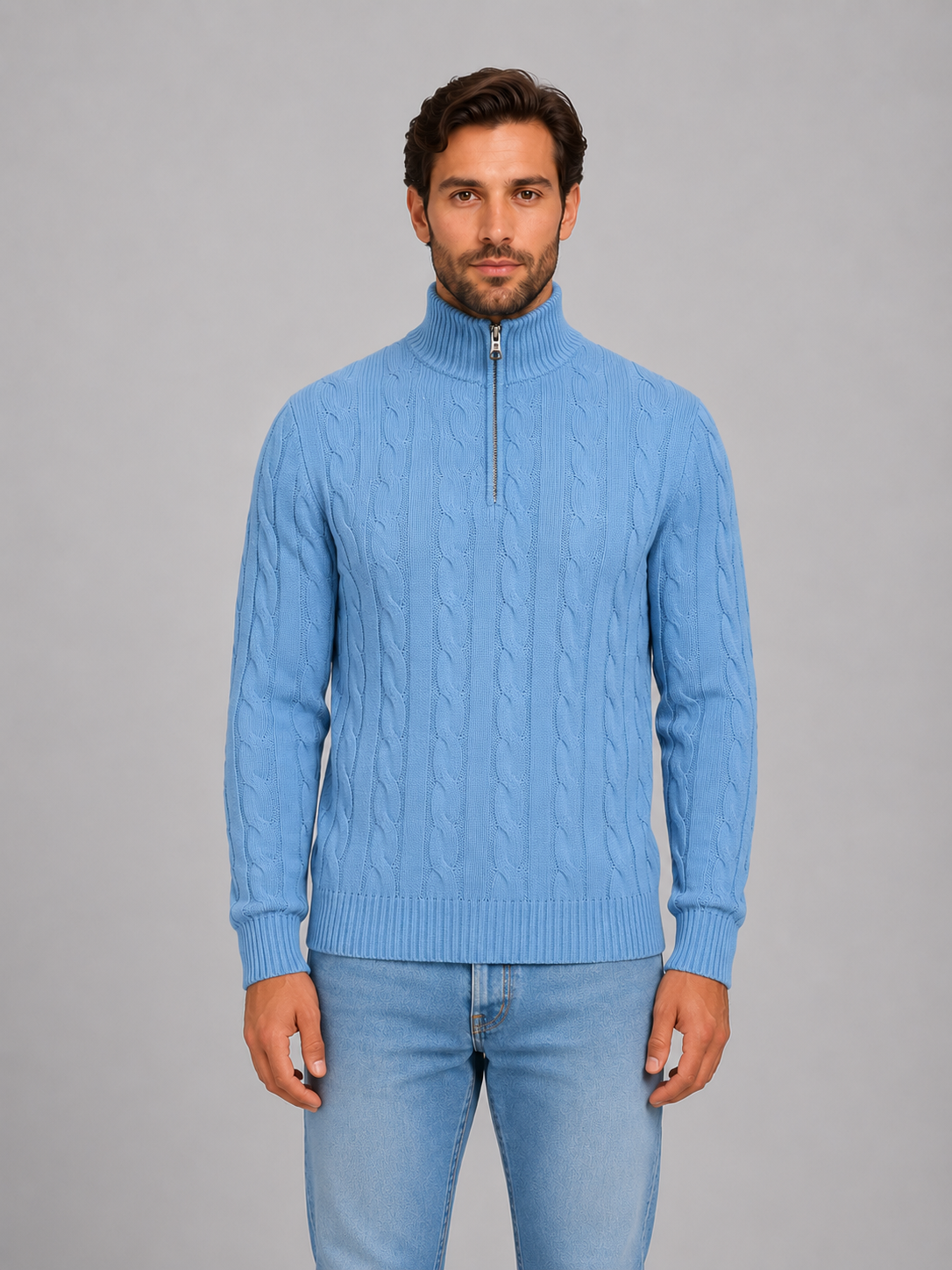 Shane Mens Cable Knit Quarter Zip Sweater with Funnel Neck in Light Blue