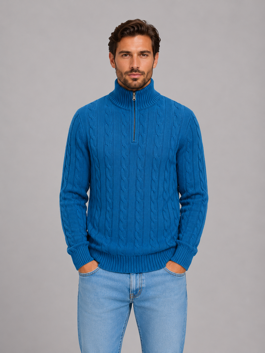 Shane Mens Cable Knit Quarter Zip Sweater with Funnel Neck in Dark Blue