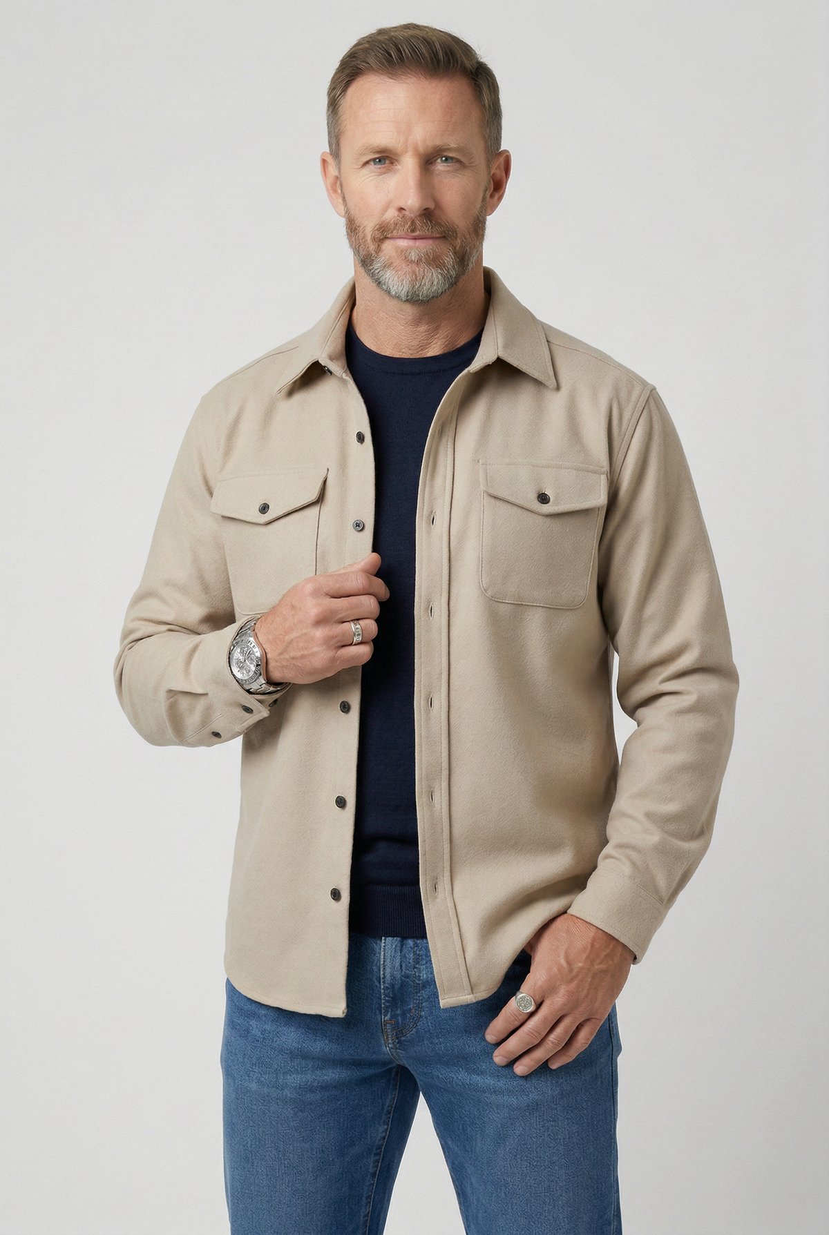 Jonathan Mens Button Up Overshirt Jacket with Chest Pockets in Beige