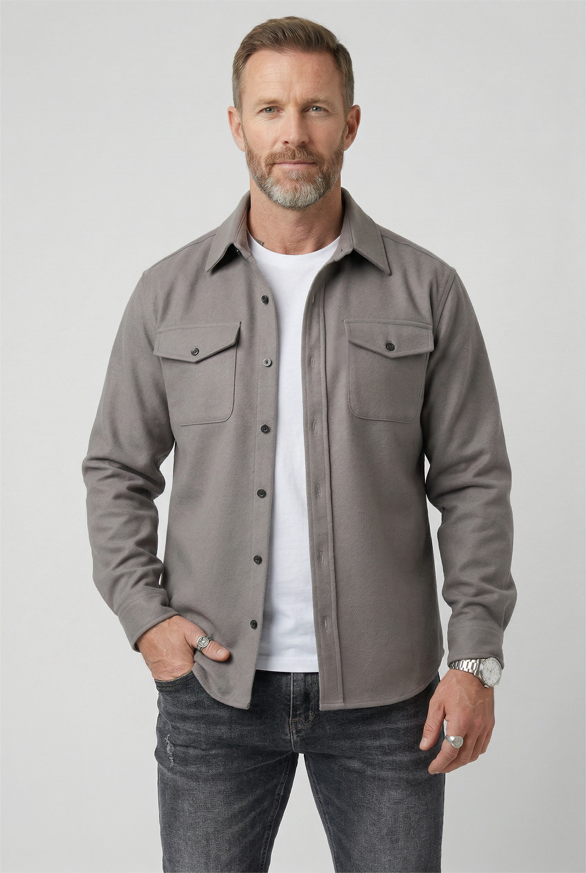 Jonathan Mens Button Up Overshirt Jacket with Chest Pockets in Light Gray